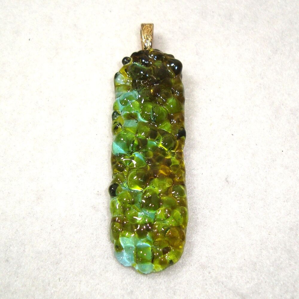 3" Green Fused Art Glass Pendant Handcrafted Artisan One-of-a-Kind